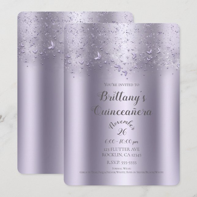 Invitation Beurre battement Lilac Shimmer Quinceañera (Devant / Derrière)