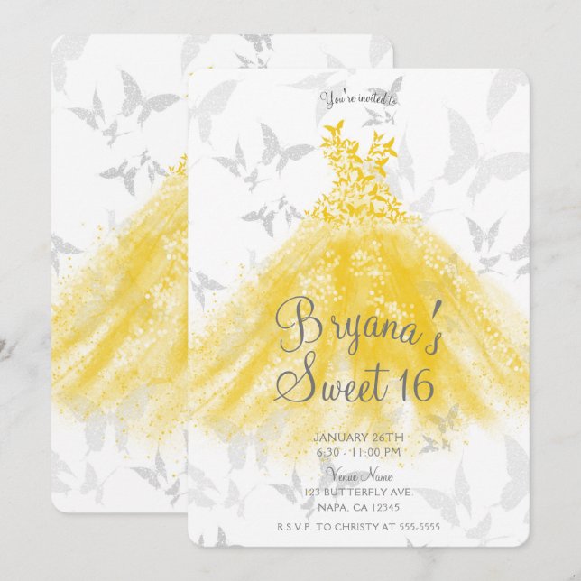Invitation Beurre d'argent jaune Robe de danse douce 16 Parti (Devant / Derrière)
