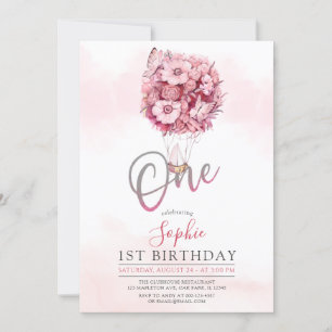 Invitation Beurre de ballon rose Premier anniversaire Fille