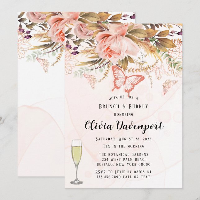Invitation Beurre de pivoine botanique chic Brunch & Bubbly (Devant / Derrière)