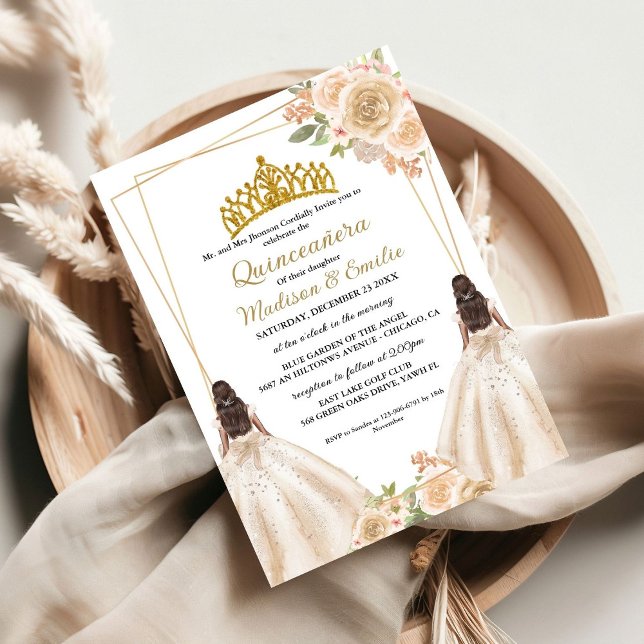 Invitation Beurre floral ivoire Twin Quinceanera (Créateur téléchargé)