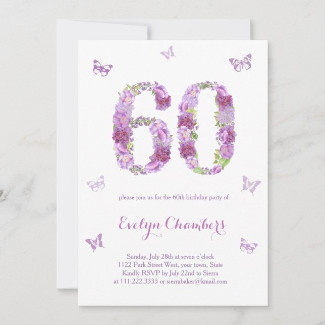 Invitation Beurre floral lavande 60e fête d'anniversaire (Devant)