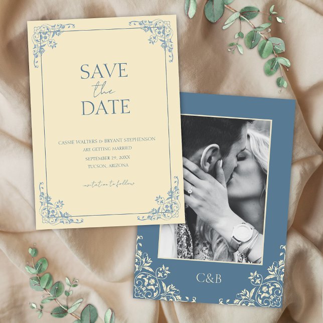 Invitation Beurre jaune Dusty bleu minimal Enregistrer la dat (Elegant butter yellow and dusty blue photo save the date cards for romantic bridgerton inspired card)