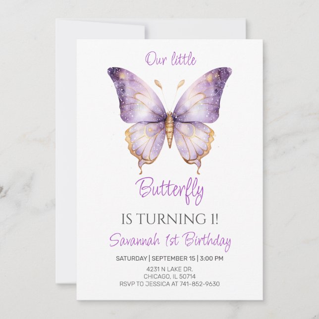 Invitation Beurre mou Filles papillon 1er fête d'anniversaire (Devant)