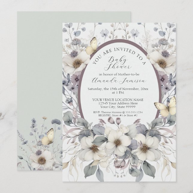 Invitation Beurre Pastel Fleur Papillon Lavande Jaune Bébé (Devant / Derrière)