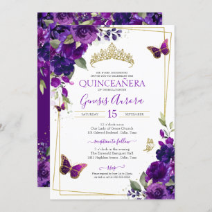 Invitation Beurre pourpre et or Floral Quinceanera