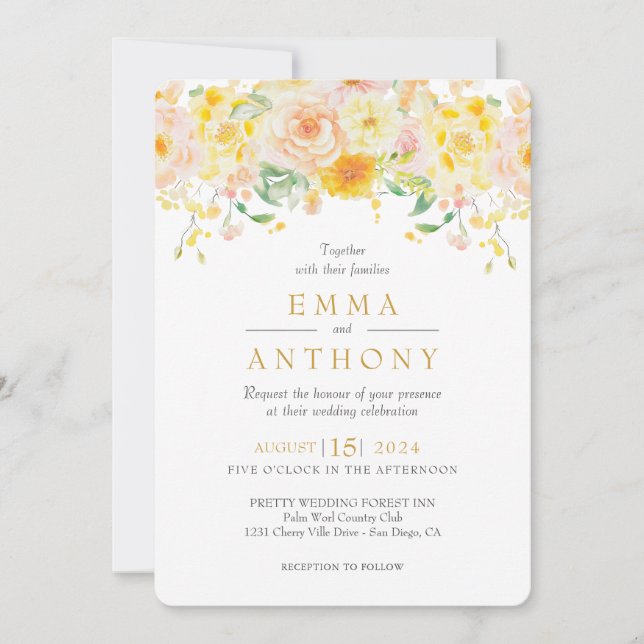 Invitation Beurre romantique Mariage d'aquarelle florale jaun (Devant)