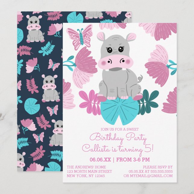 Invitation Beurre Turquoise Hippo rose mou Fleur à papillon (Devant / Derrière)