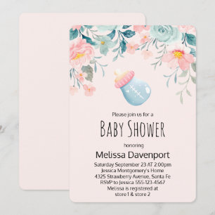 Invitation Biberon bleu et rose avec fleurs pour Baby Shower