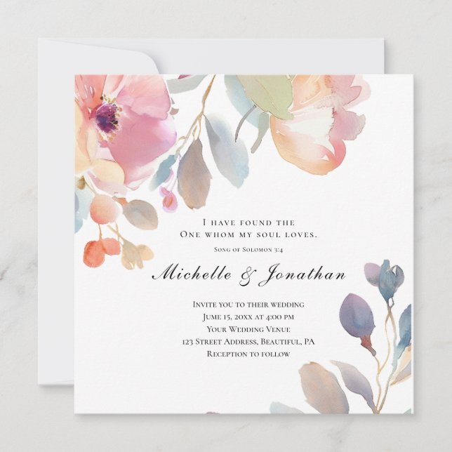 Invitation Bible rose florale Verse Mariage chrétien (Devant)