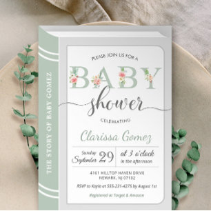 Invitation Bibliothèque de livres Sage Green Baby shower neut