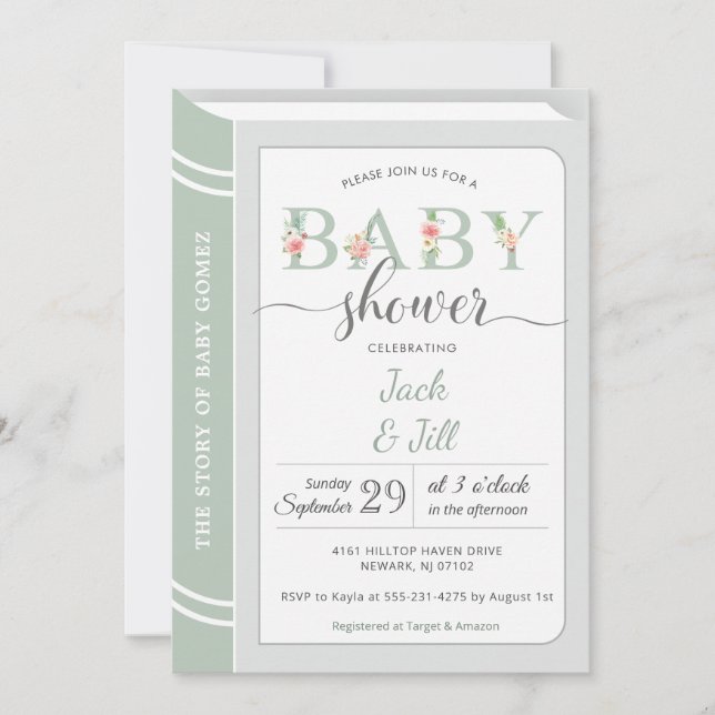 Invitation Bibliothèque de livres Sage Green Baby shower neut (Devant)