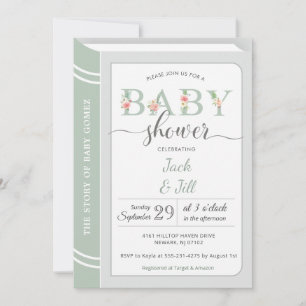Invitation Bibliothèque de livres Sage Green Baby shower neut