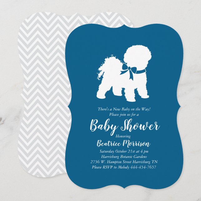 Invitation Bichon Frise Chien Baby shower Garçon Bleu (Devant / Derrière)