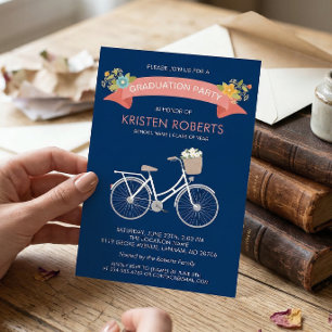 Invitation Bicycle Floral Navy Blue Girly Graduation Party