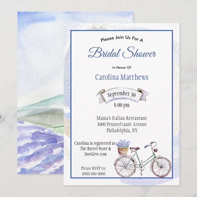 Invitation Bicyclette bleu rustique Lavender Fête des mariées (Devant / Derrière)