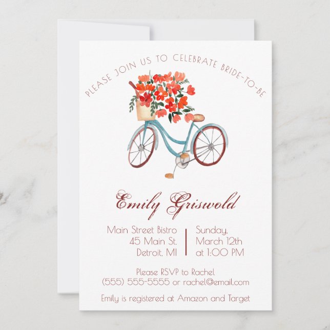 Invitation Bicyclette couleur bleu Fête des mariées florale (Devant)