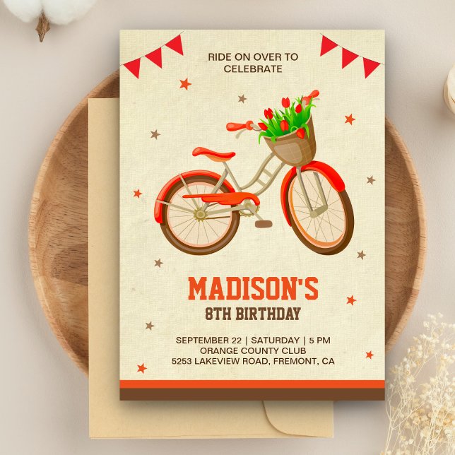 Invitation Bicyclette florale mignonne Filles Anniversaire (Créateur téléchargé)