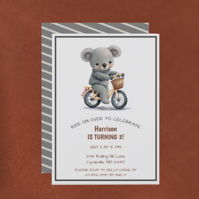 Invitation Bicyclette mignonne fête animal troisième annivers (Créateur téléchargé)