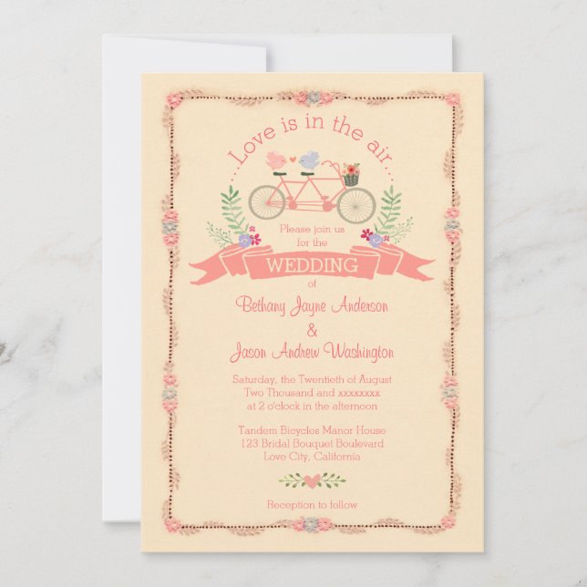 Invitation Bicyclette Tandem, Oiseaux et Mariage de bannières (Devant)