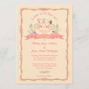 Invitation Bicyclette Tandem, Oiseaux et Mariage de bannières