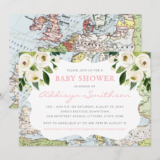 Invitation Bienvenue Au Monde Floral Map Baby shower Rose (Devant / Derrière)