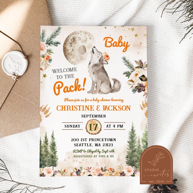 Invitation Bienvenue Au Pack Orange Wolf Co-Ed Baby shower (Créateur téléchargé)