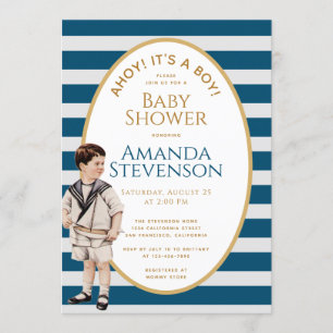 Invitation Bienvenue C'est un Marin Doré pour une Baby Shower