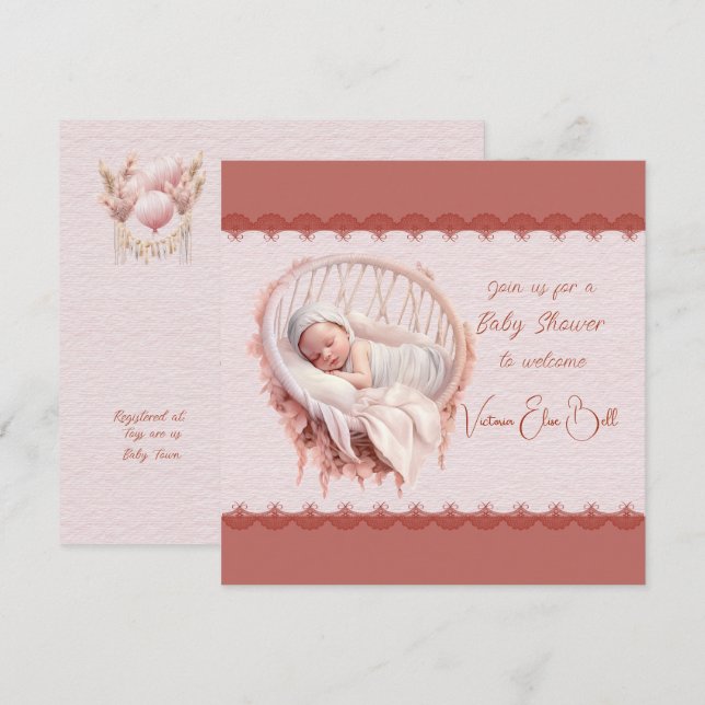 Invitation Bienvenue dans une douche bébé fille (Devant / Derrière)