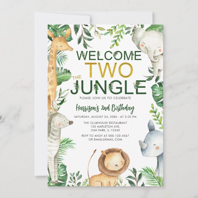 Invitation Bienvenue deux animaux Jungle Safari Anniversaire (Devant)