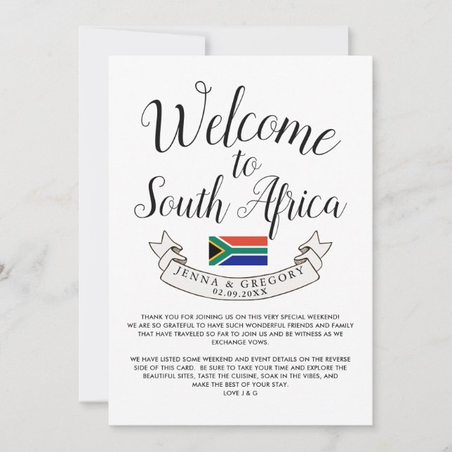 Invitation Bienvenue en Afrique du Sud | Mariage de destinati (Devant)