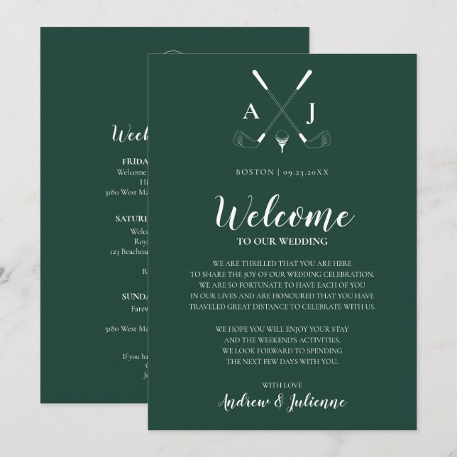 Invitation Bienvenue pour le mariage de golf monogramme vert  (Devant / Derrière)
