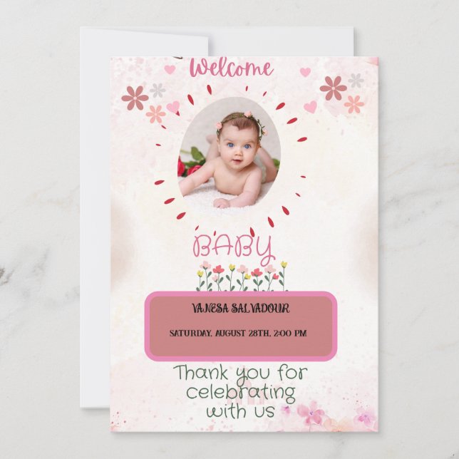 Invitation bienvenue rose Aquarelle bébé (Devant)