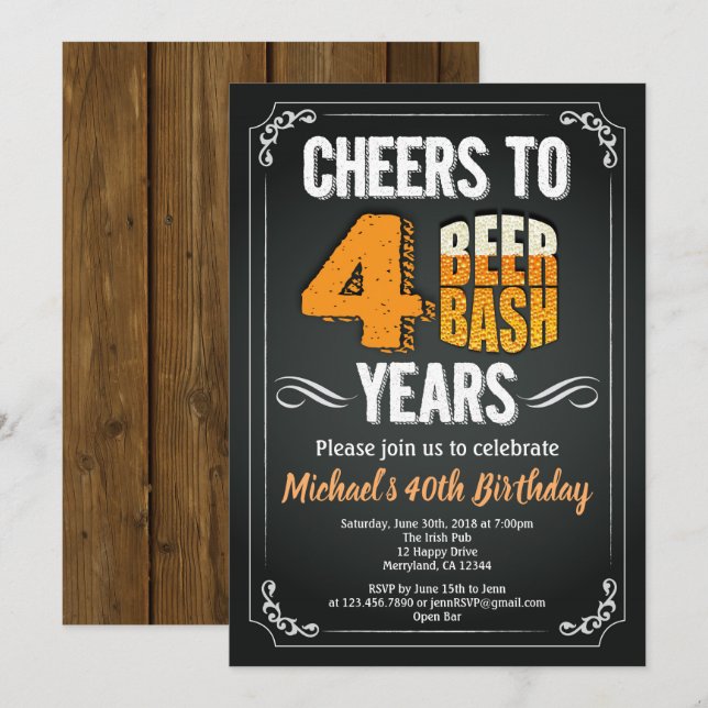 Invitation Bière 40e anniversaire Chalkboard homme bar célébr (Devant / Derrière)
