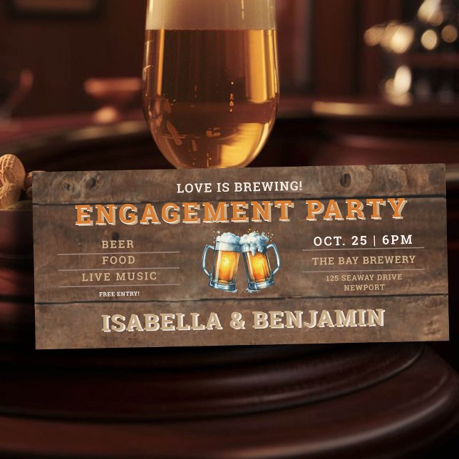 Invitation Bière à thème Brasserie Bois Billet d'engagement (beer themed engagement party invitation brewery ticket rustic wood board)