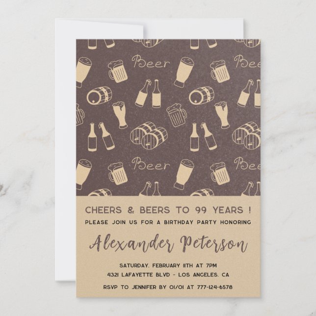 Invitation Bière Adulte Motif Rustique Hommes 99e anniversair (Devant)