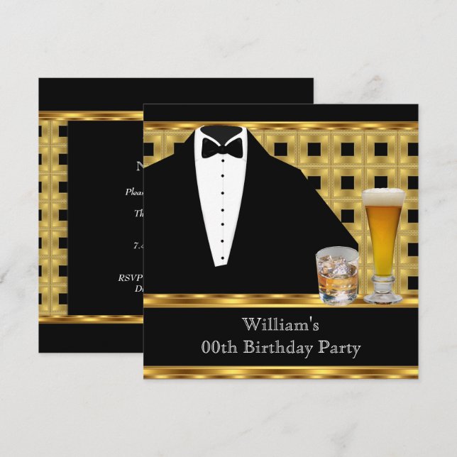 Invitation Bière de fête d'anniversaire Scotch Tuxedo Gold Bl (Devant / Derrière)