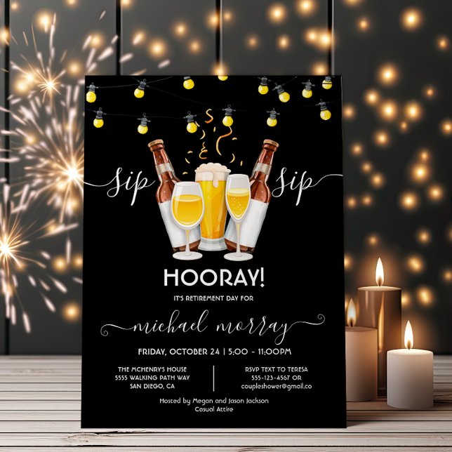Invitation Bière et vin Fête de retraite Sip Sip Hourra ! (Créateur téléchargé)