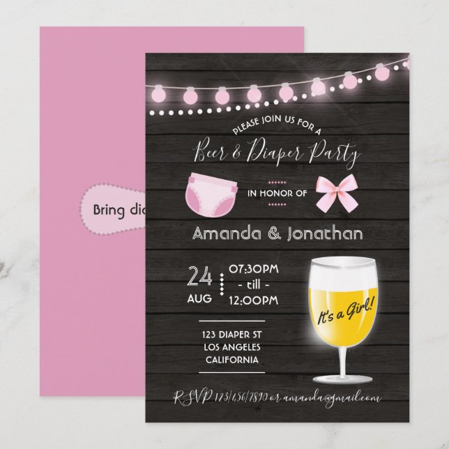 Invitation Bière jardin rustique et couche bébé fille douche (Devant / Derrière)