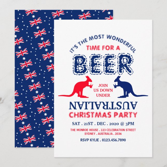 Invitation Bière Kangaroo, fête de Noël du drapeau australien (Devant / Derrière)