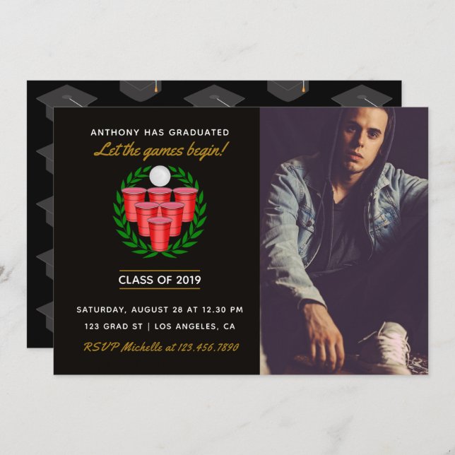 Invitation Bière Pong Graduation fête de célébration ajouter  (Devant / Derrière)