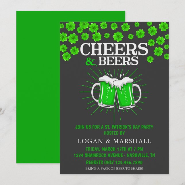 Invitation Bière verte et fête de la Saint Patrick Shamrock (Devant / Derrière)