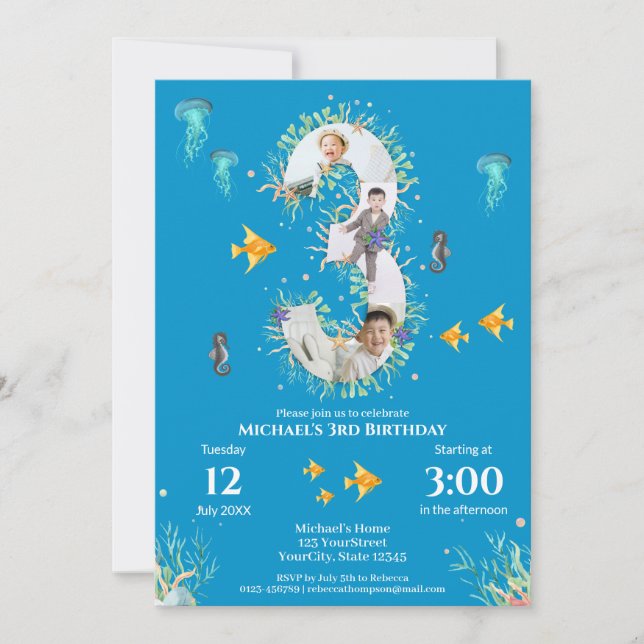 Invitation Big 3ème photo Collage Anniversaire sous la mer (Devant)
