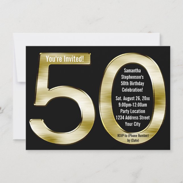 Invitation Big 5-0 Metallic-Look Gold 50e fête d'anniversaire (Devant)