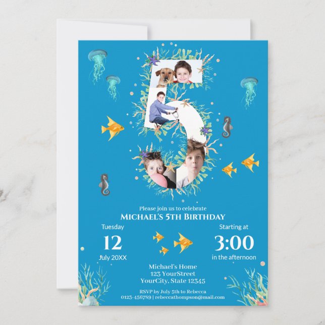 Invitation Big 5th Photo Collage Anniversaire sous la mer (Devant)