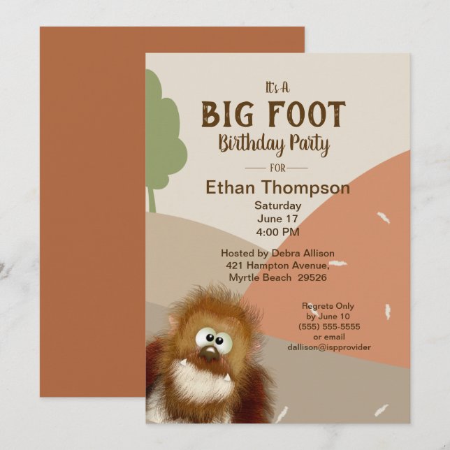 Invitation Big Foot / Sasquatatard fête d'anniversaire (Devant / Derrière)