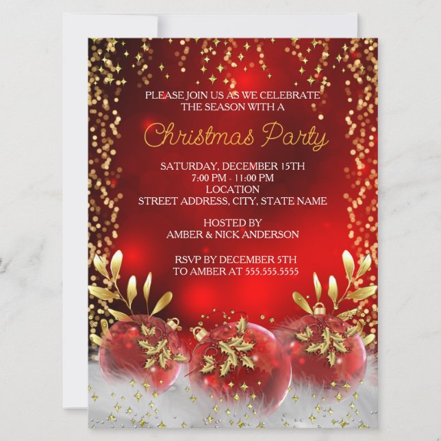 Invitation Big Gold Holly Bauble Red Noël Fête de Noël (Devant)