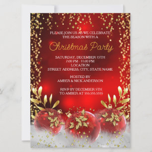 Invitation Big Gold Holly Bauble Red Noël Fête de Noël