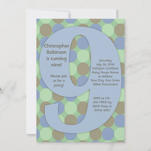 Invitation Big Number 9, 9th Boy's Birthday Party (Devant)