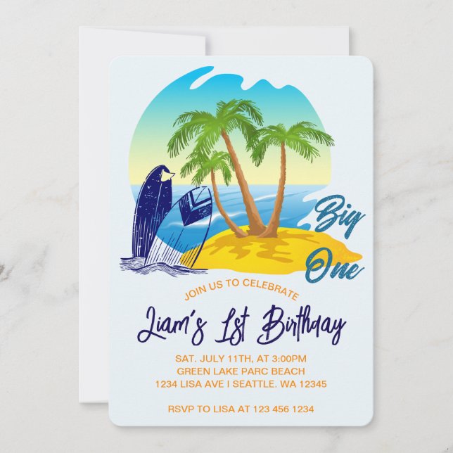 Invitation Big One Birthday Boy Beach Theme Personalized Name (Devant)